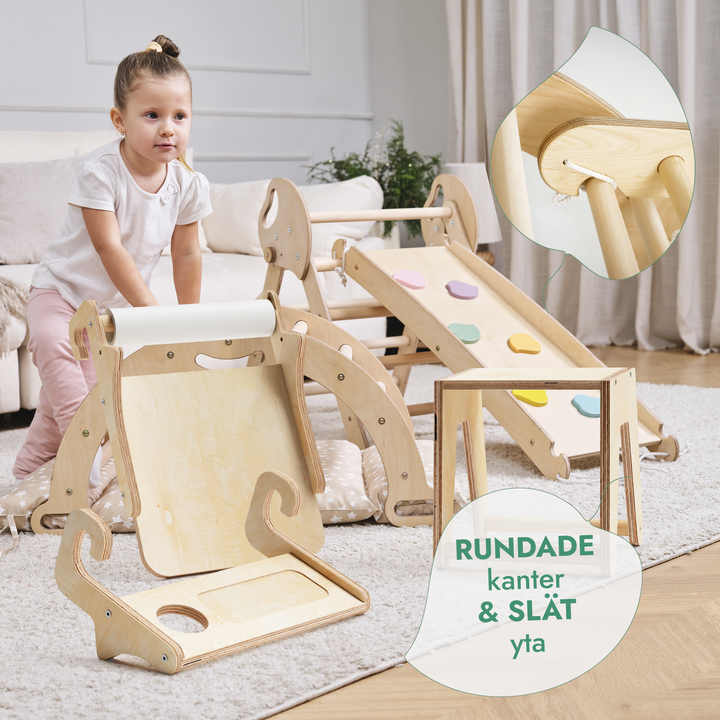 5in1 Klätterställning för barn: Triangulär stege + Båge/Gungbräda + Rutschkana/Ramp + Konsttillägg + Kudde