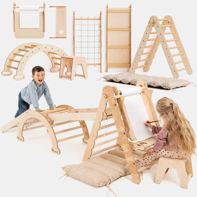 Montessori-klätterställning, 6-i-1: Triangelstege + klätterbåge/gungbåge + rutschkana/ramp + klätternät + kudde + konsttillägg