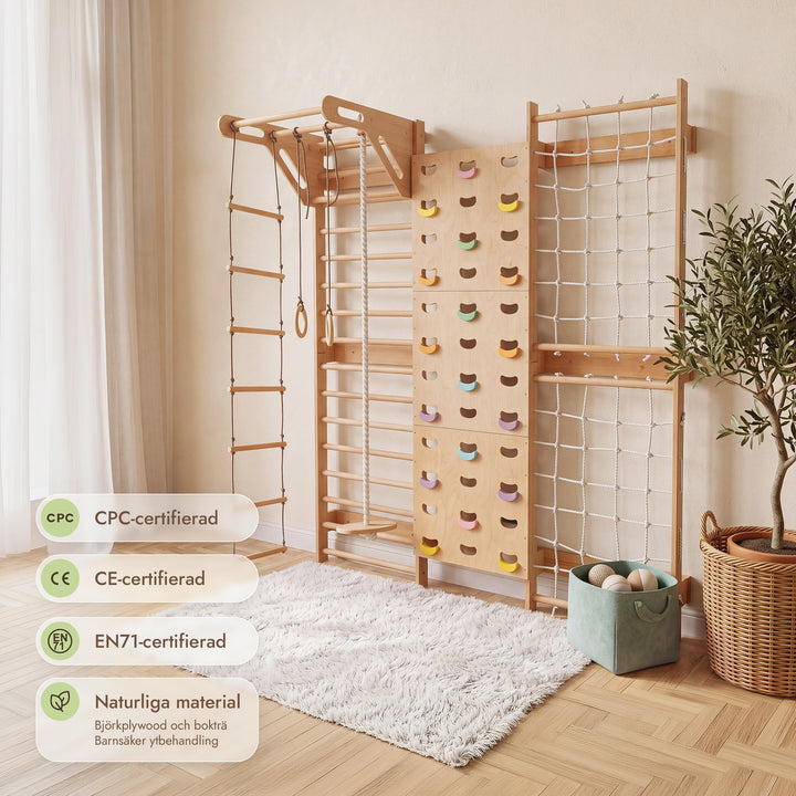 7-in-1 Klättervägg för barn: ribbstol, klätternät, räckstång & 3i1 gungset