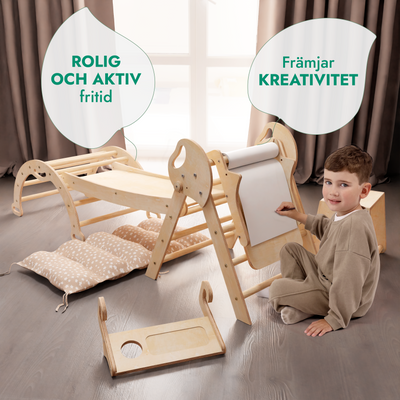 5in1 Klätterställning för barn: Triangulär stege + Båge/Gungbräda + Rutschkana/Ramp + Konsttillägg + Kudde
