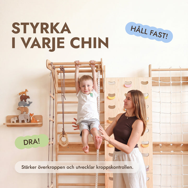 7-in-1 Klättervägg för barn: ribbstol, klätternät, räckstång & 3i1 gungset