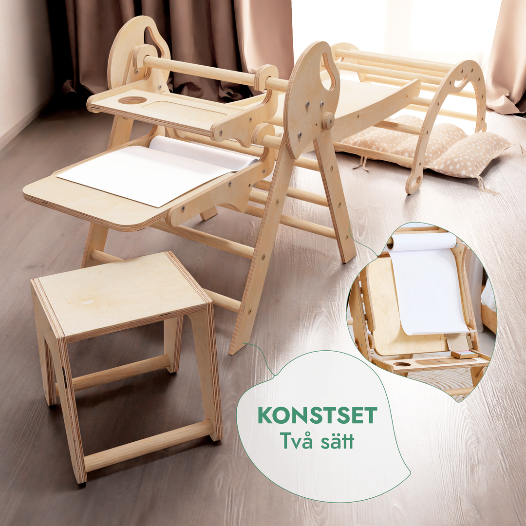 5in1 Klätterställning för barn: Triangulär stege + Båge/Gungbräda + Rutschkana/Ramp + Konsttillägg + Kudde