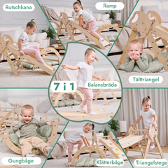 4i1 Montessori Klätterställning: Pikler Triangel + Klätterbåge + Rutschbräda + Kudde för Småbarn (1–3 År) – Ivory