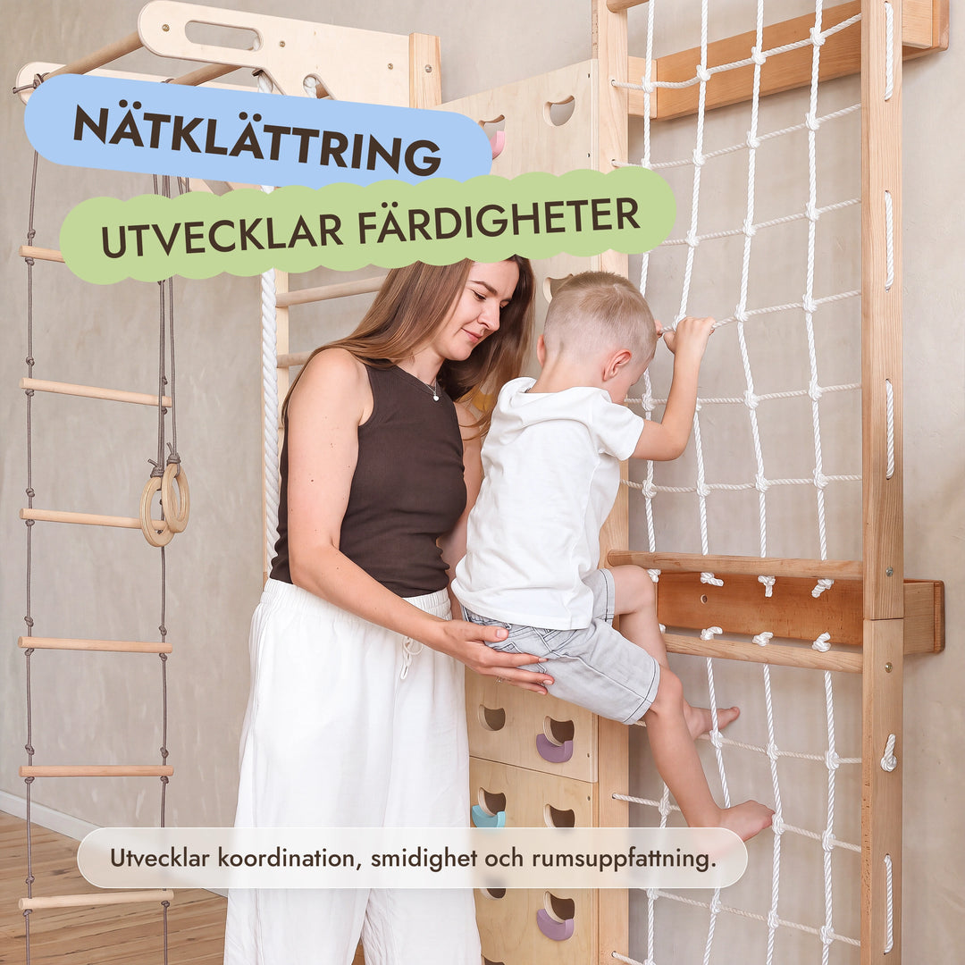 7-in-1 Klättervägg för barn: ribbstol, klätternät, räckstång & 3i1 gungset