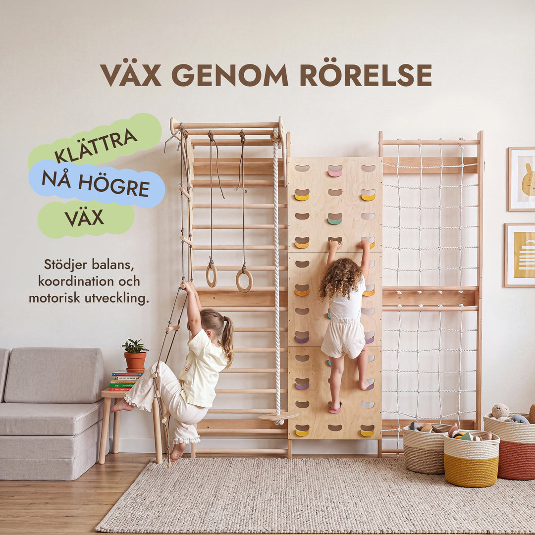 7-in-1 Klättervägg för barn: ribbstol, klätternät, räckstång & 3i1 gungset