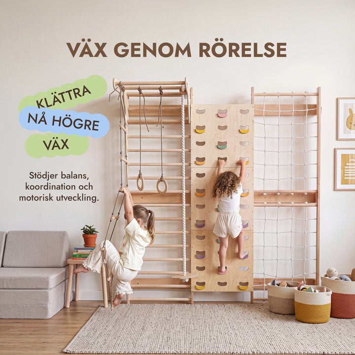 7-in-1 Klättervägg för barn: ribbstol, klätternät, räckstång & 3i1 gungset