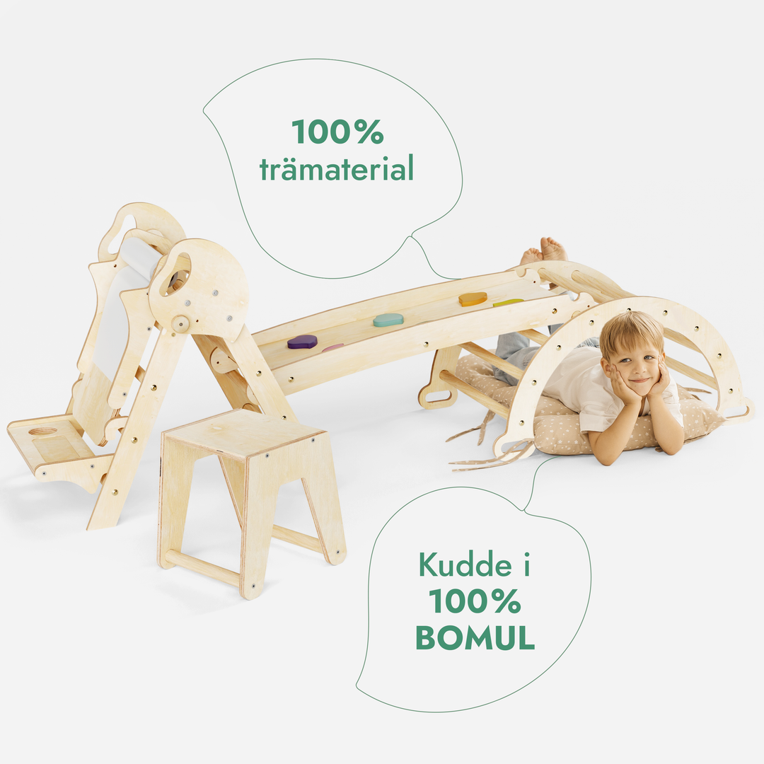 5in1 Klätterställning för barn: Triangulär stege + Båge/Gungbräda + Rutschkana/Ramp + Konsttillägg + Kudde