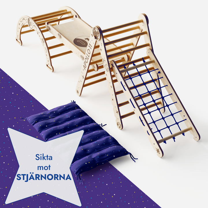 Klättersetet Apollo 5-i-1: Pikler-triangel, klätternät, klätterbåge, rutschkana och kudde för små astronauter