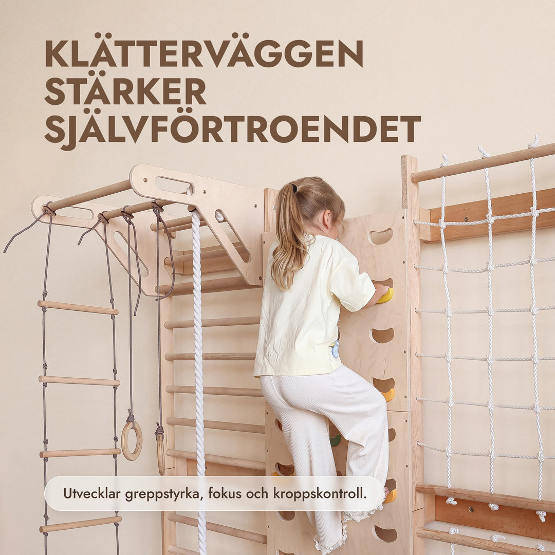 7-in-1 Klättervägg för barn: ribbstol, klätternät, räckstång & 3i1 gungset