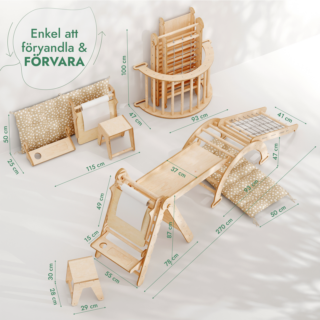 Montessori-klätterställning, 6-i-1: Triangelstege + klätterbåge/gungbåge + rutschkana/ramp + klätternät + kudde + konsttillägg