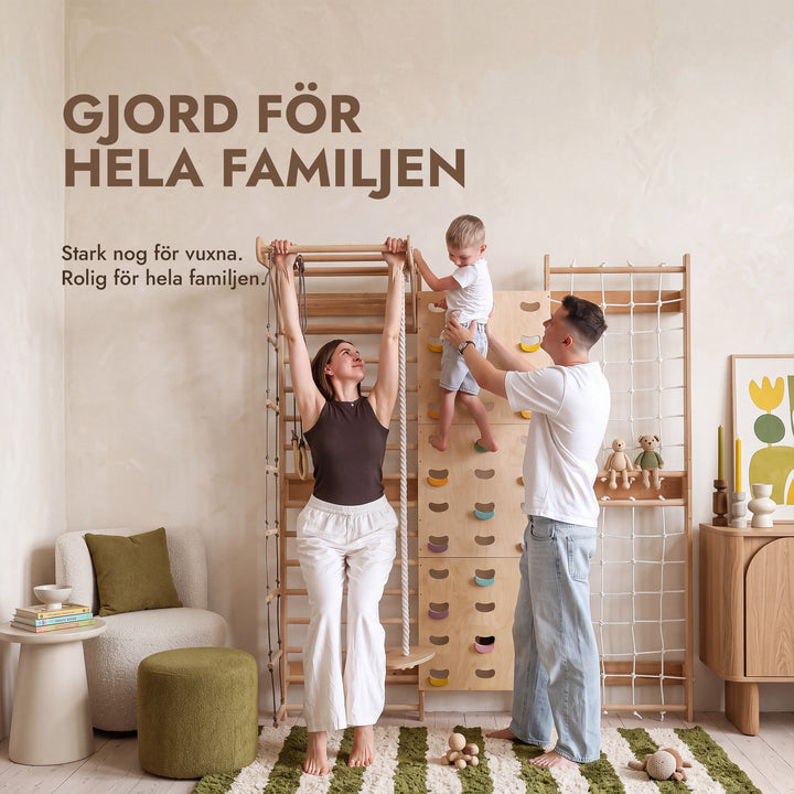 7-in-1 Klättervägg för barn: ribbstol, klätternät, räckstång & 3i1 gungset