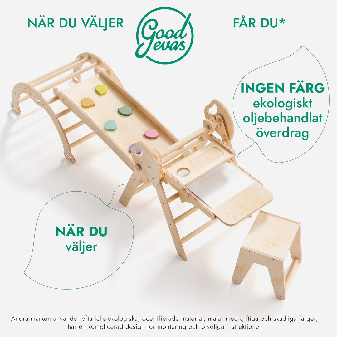 5in1 Klätterställning för barn: Triangulär stege + Båge/Gungbräda + Rutschkana/Ramp + Konsttillägg + Kudde