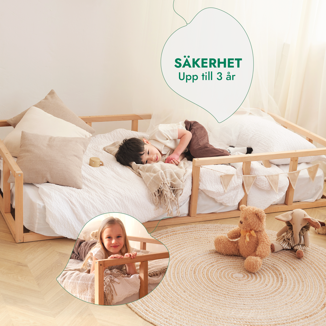 Montessori golvsängsram för småbarn med räcke
