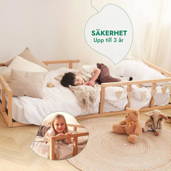 Montessori golvsängsram för småbarn med räcke