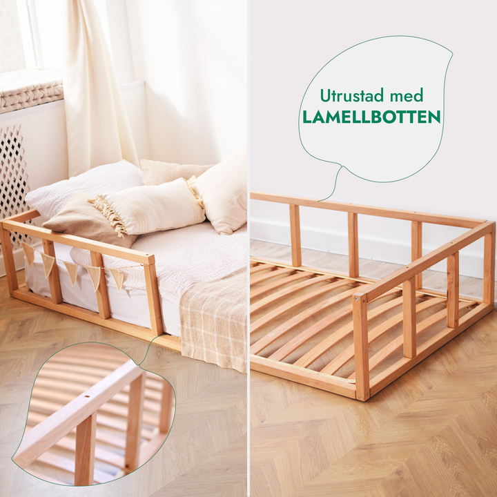 Montessori golvsängsram för småbarn med räcke