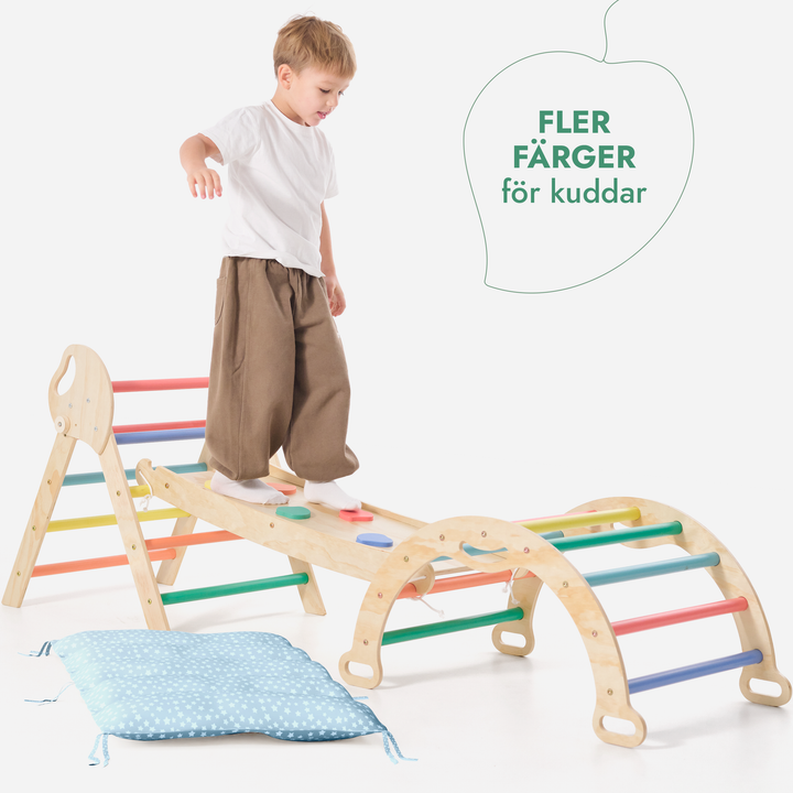 4in1 Klätterställning för barn: Triangulär stege + Båge/Gungbräda + Rutschkana/Ramp + Kudde - Regnbåge