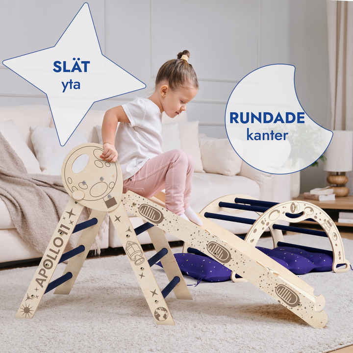 Klättersetet Apollo 4-i-1: Pikler-triangel, klätterbåge, rutschkana och kudde för små astronauter (1-3 år)