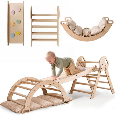 4in1 Klätterställning för barn: Triangulär stege + Båge/Gungbräda + Rutschkana/Ramp + Kudde - Beige
