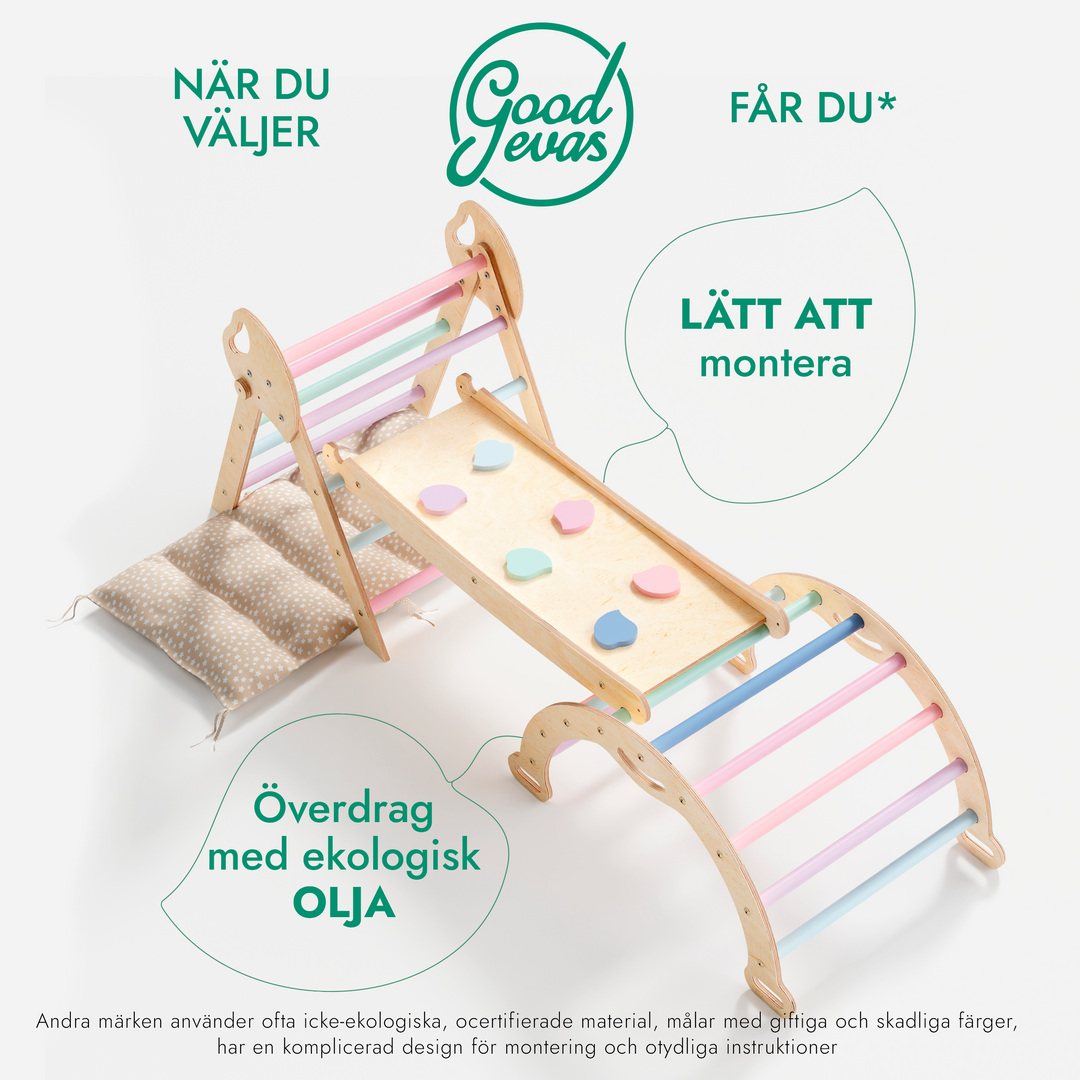 4in1 Klätterställning för barn: Triangulär stege + Båge/Gungbräda + Rutschkana/Ramp + Kudde – Pastell