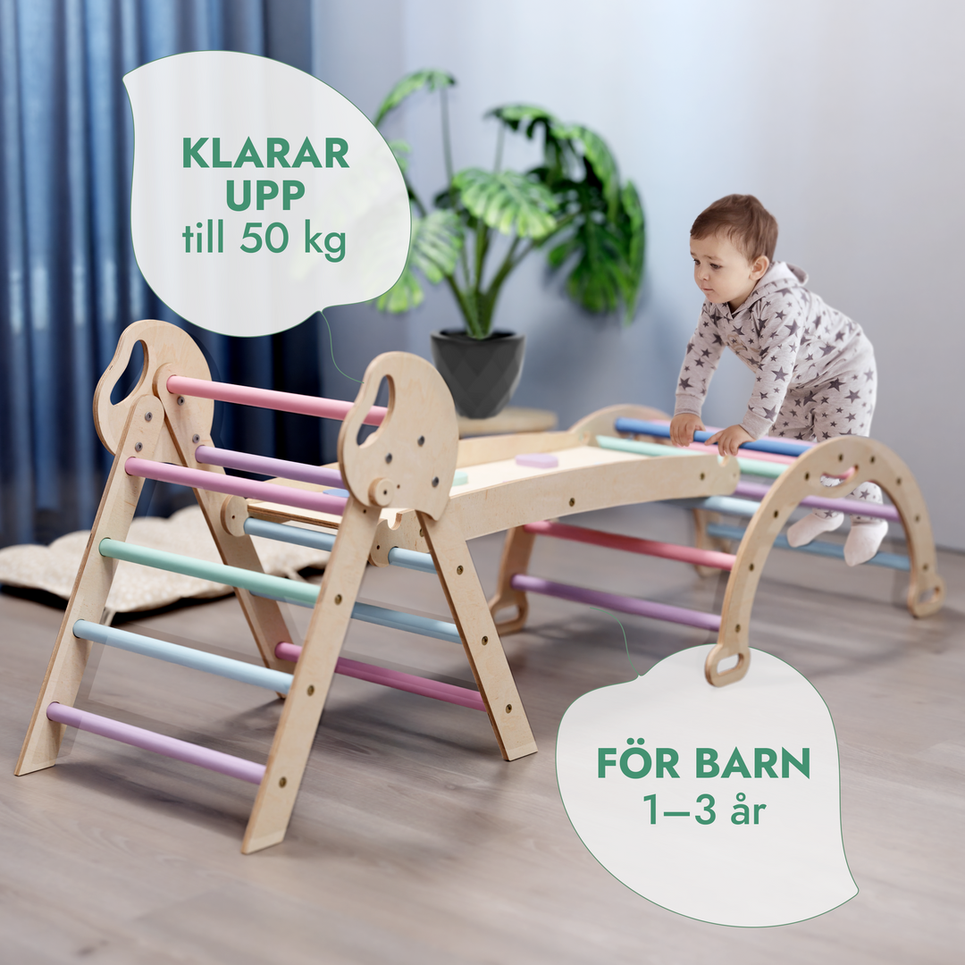 4in1 Klätterställning för barn: Triangulär stege + Båge/Gungbräda + Rutschkana/Ramp + Kudde – Pastell