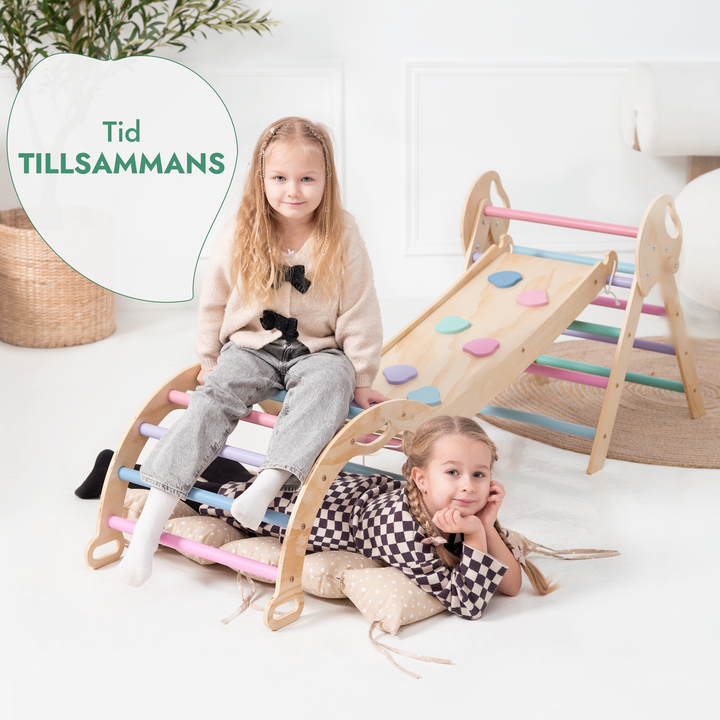 4in1 Klätterställning för barn: Triangulär stege + Båge/Gungbräda + Rutschkana/Ramp + Kudde – Pastell