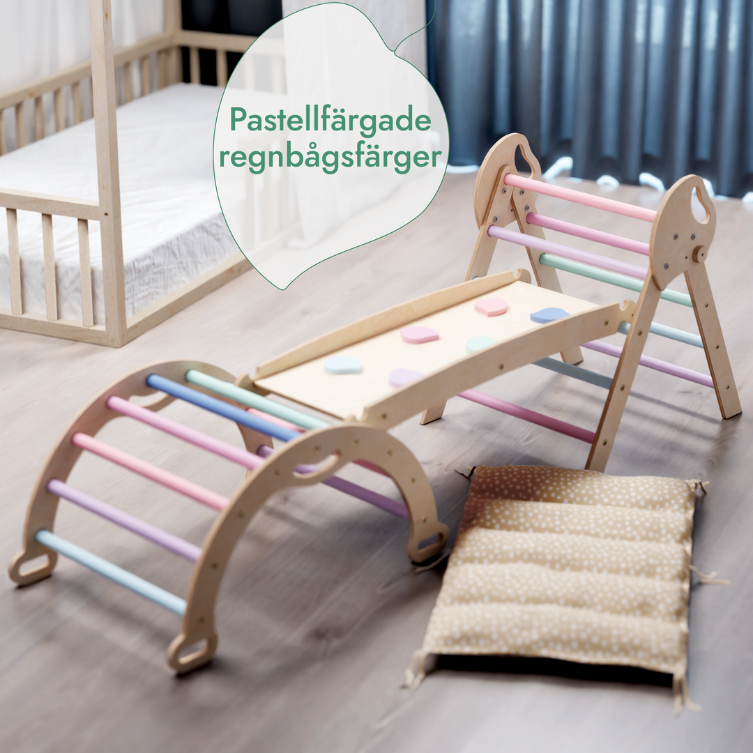 4in1 Klätterställning för barn: Triangulär stege + Båge/Gungbräda + Rutschkana/Ramp + Kudde – Pastell