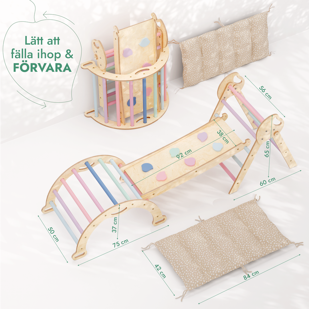 4in1 Klätterställning för barn: Triangulär stege + Båge/Gungbräda + Rutschkana/Ramp + Kudde – Pastell