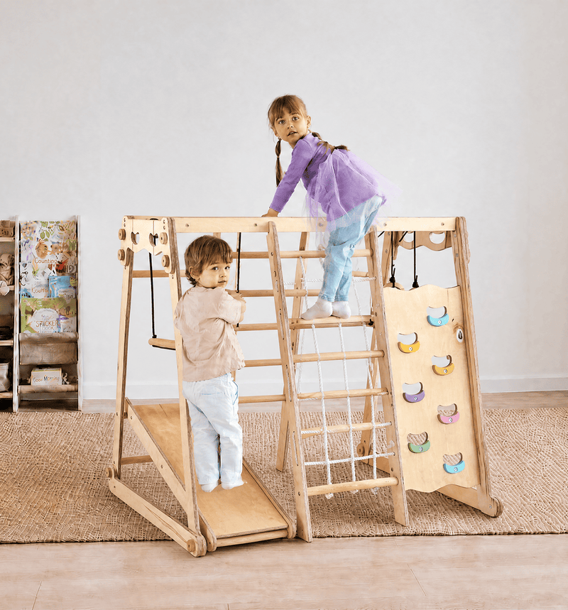 Inomhus Jungle Gym 6-i-1 för barn: lekplats + gunga + rutschkana + rep + stege