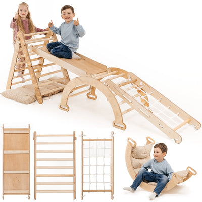 Montessori-klätterställning,5-i-1: Triangelstege + klätterbåge/gungbåge + rutschkana/ramp + klätternät + kudde