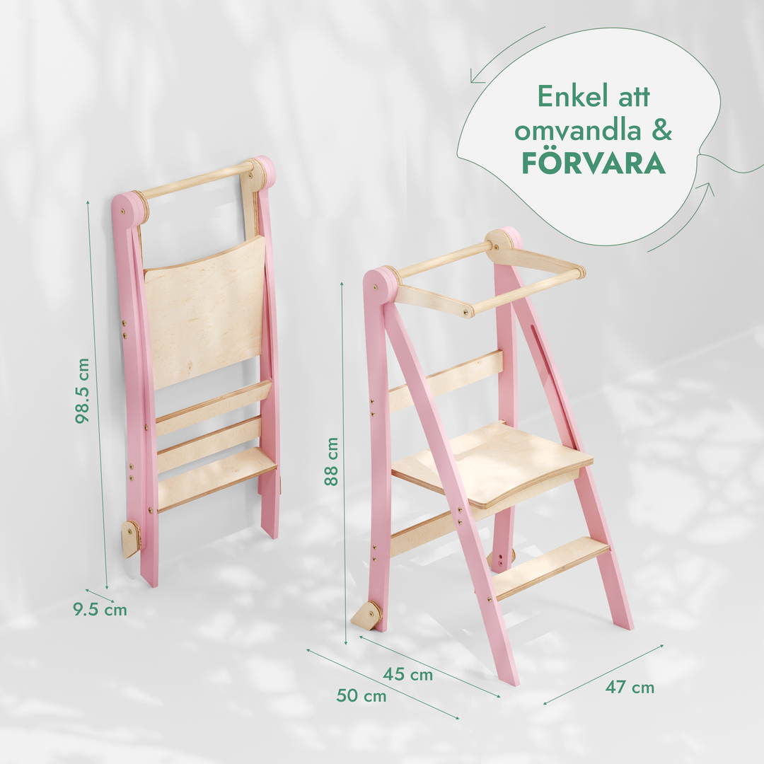 Montessori lärartorn: Fällbar trampstol för småbarn - Rosa