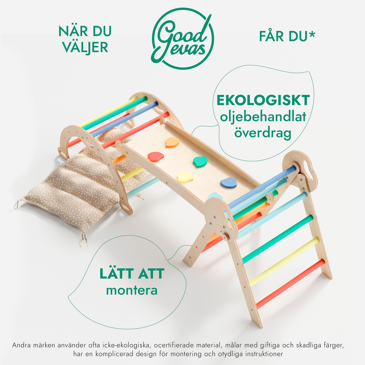 4in1 Klätterställning för barn: Triangulär stege + Båge/Gungbräda + Rutschkana/Ramp + Kudde - Regnbåge