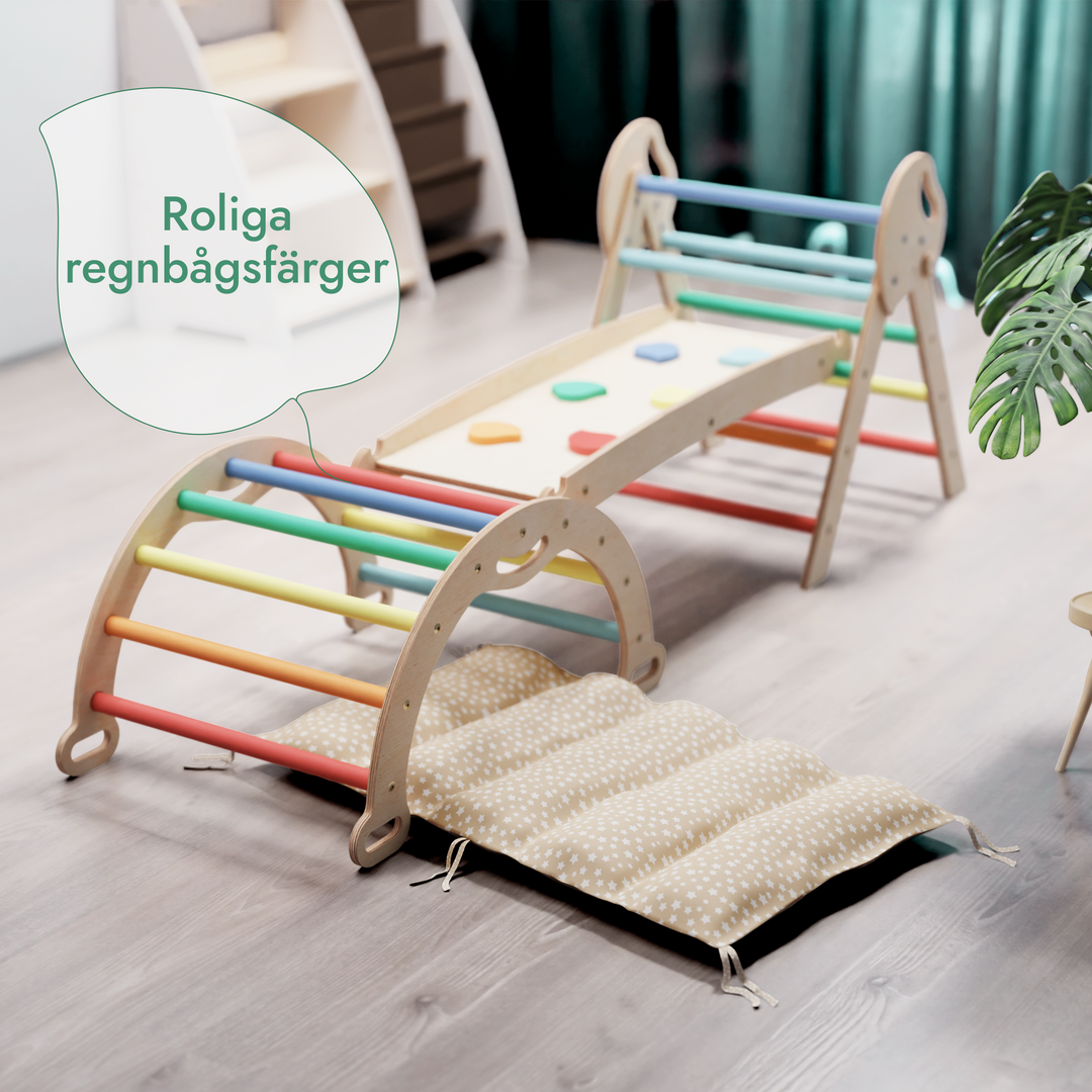 4in1 Klätterställning för barn: Triangulär stege + Båge/Gungbräda + Rutschkana/Ramp + Kudde - Regnbåge