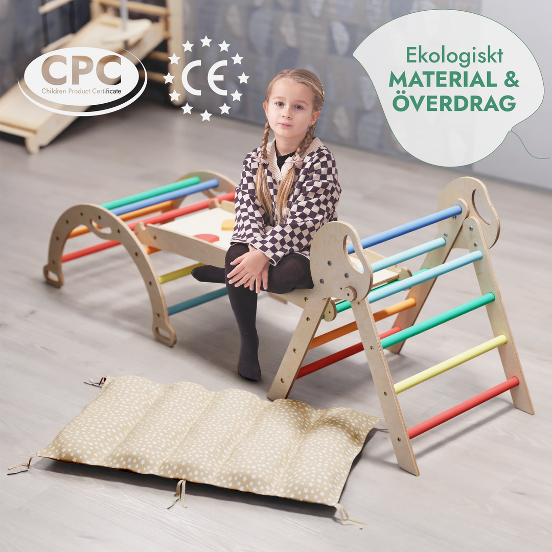 4in1 Klätterställning för barn: Triangulär stege + Båge/Gungbräda + Rutschkana/Ramp + Kudde - Regnbåge