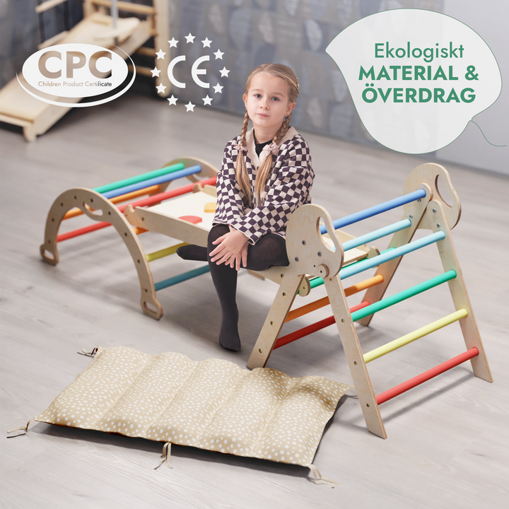 4in1 Klätterställning för barn: Triangulär stege + Båge/Gungbräda + Rutschkana/Ramp + Kudde - Regnbåge