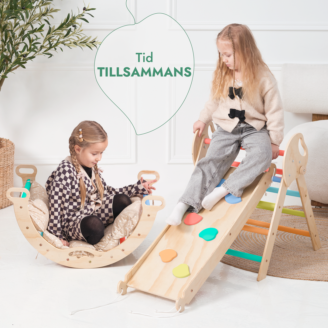 4in1 Klätterställning för barn: Triangulär stege + Båge/Gungbräda + Rutschkana/Ramp + Kudde - Regnbåge