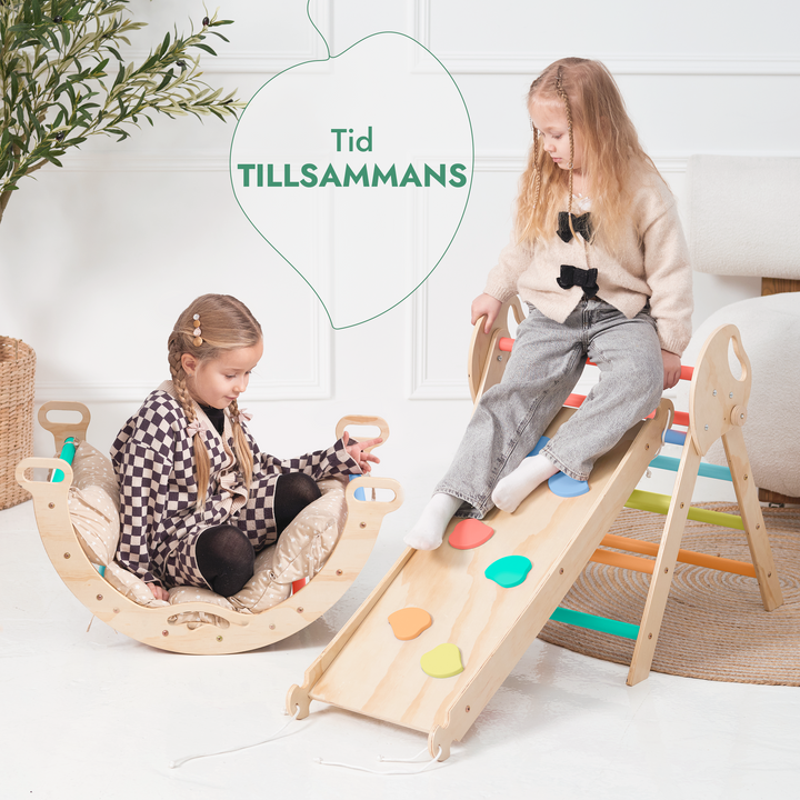 4in1 Klätterställning för barn: Triangulär stege + Båge/Gungbräda + Rutschkana/Ramp + Kudde - Regnbåge