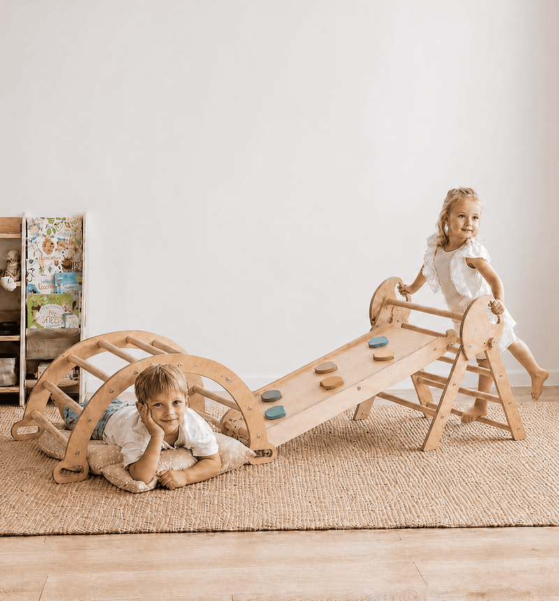 4in1 Klätterställning för barn: Triangulär stege + Båge/Gungbräda + Rutschkana/Ramp + Kudde - Beige